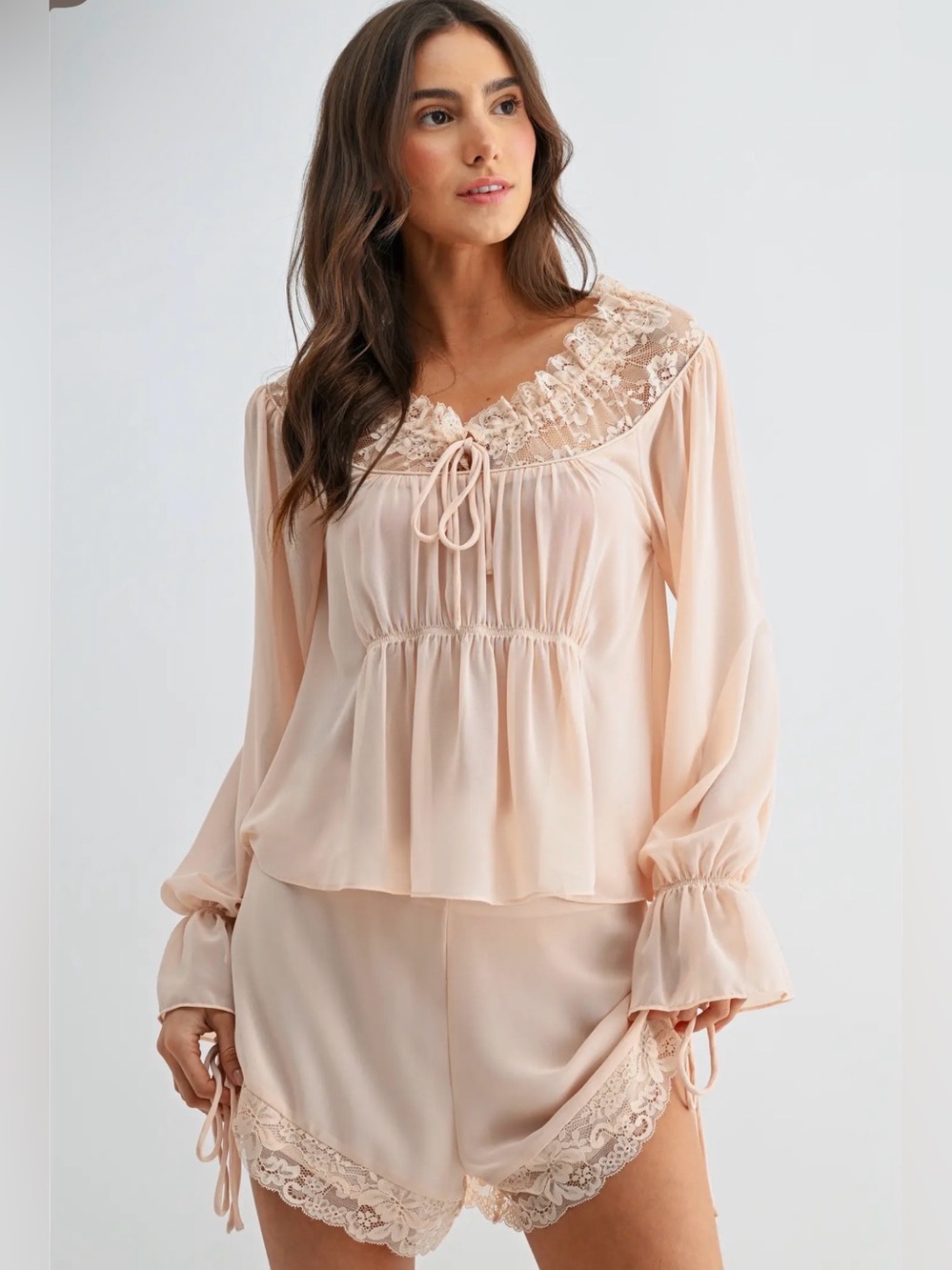 Lace-Trim Pink Long-Sleeve Sleep Top & Shorts Set S-L